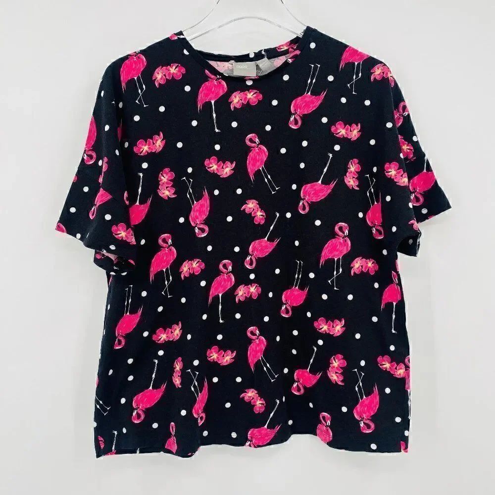 ASOS Size 6 Black & Pink Polka Dot Flamingo Boxy Short Sleeve Pajama Top